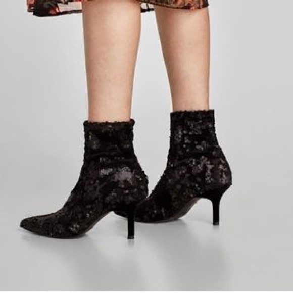Zara Black Sequin Sock Booties Size 5